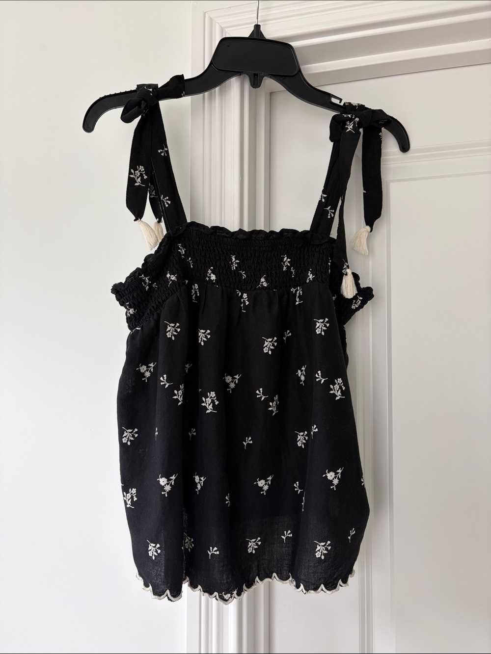 Old Navy Black Floral Smocked Top with White Accent